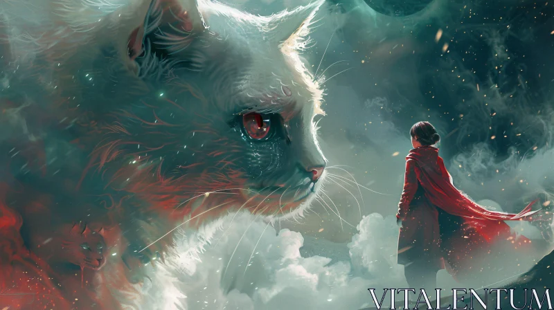 Dreamlike Encounter: Human and Giant Cat AI Image