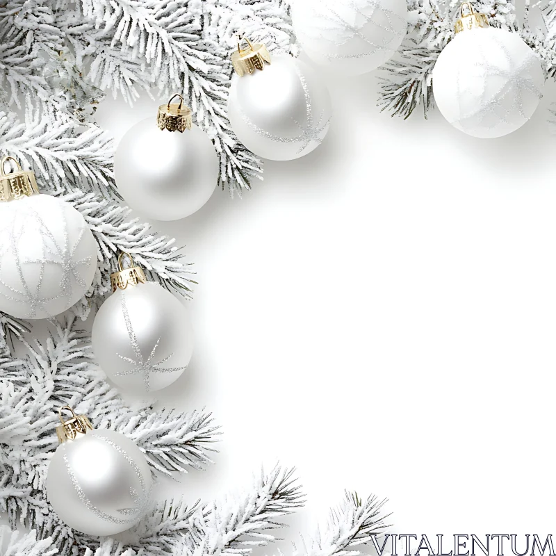 Elegant Holiday Ornaments on Snowy Pine Branches AI Image