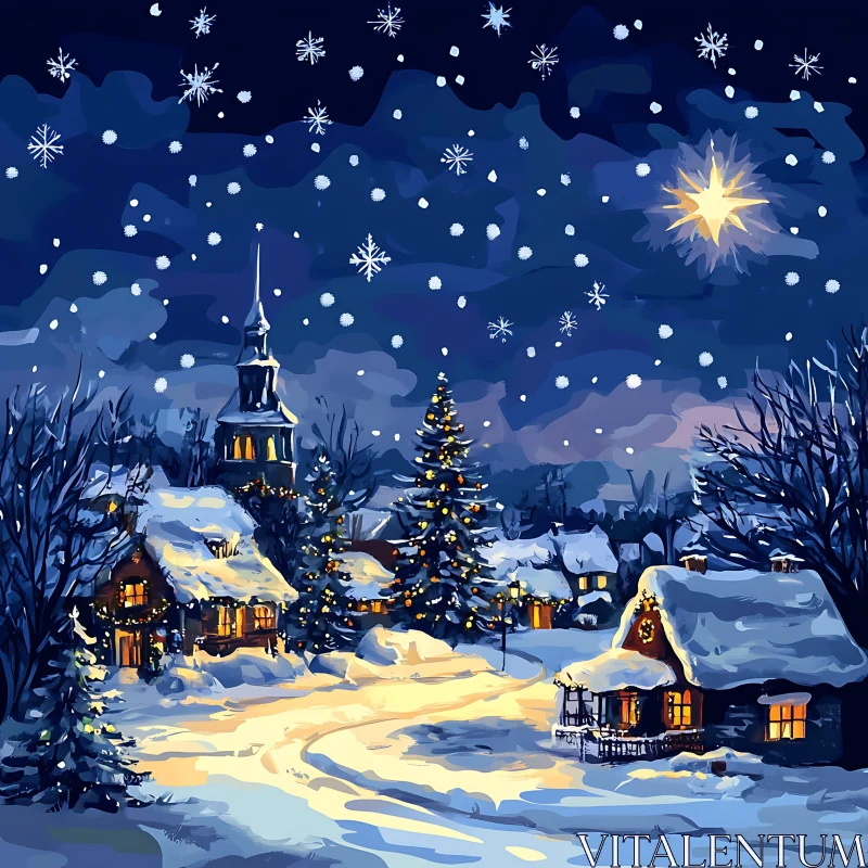 Peaceful Winter Night in Christmas Village AI Image