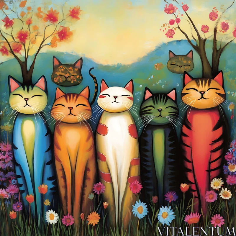 Whimsical Artwork of Cats Among Flowers AI Image