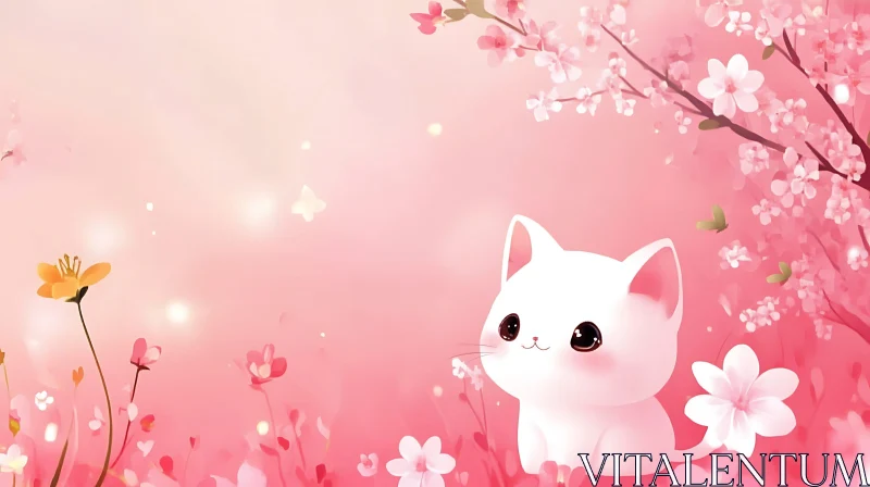 White Kitten with Blossoms AI Image