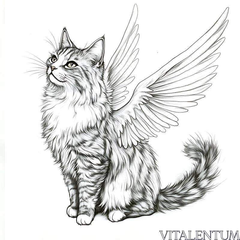 Winged Cat Drawing in Black and White AI Image