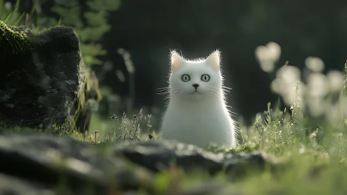 Expressive White Cat Amidst Nature