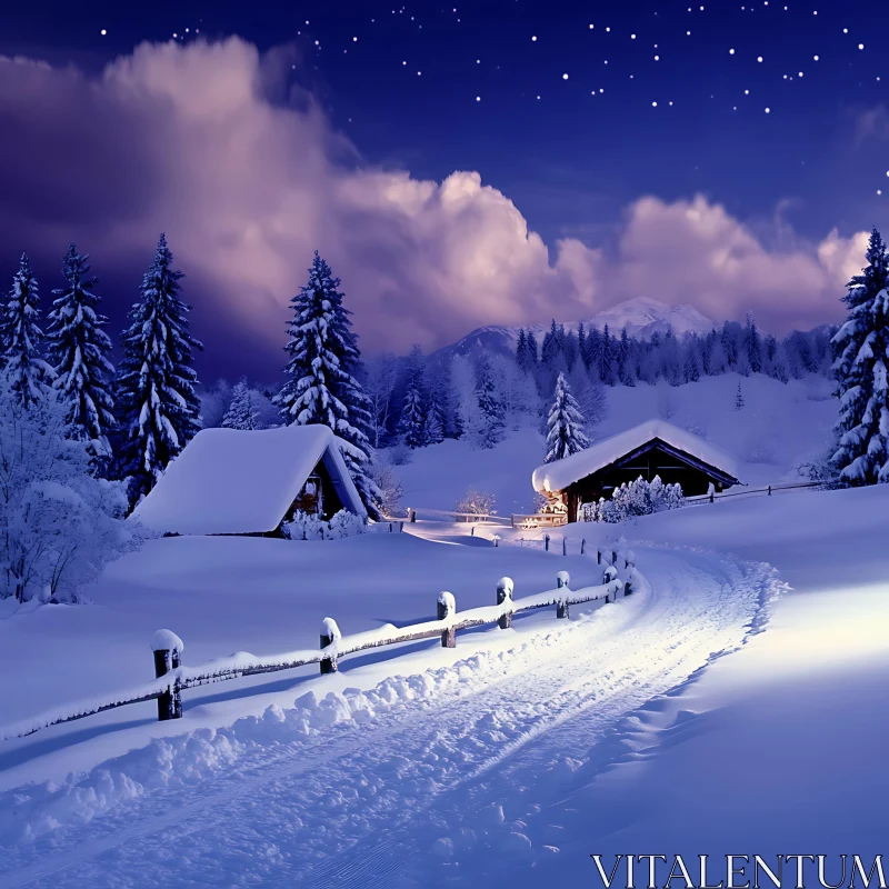 Peaceful Snowy Night in Winter Wonderland AI Image