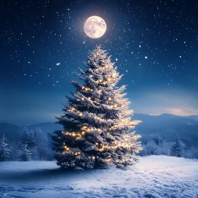 Moonlit Christmas Tree in Snowy Landscape