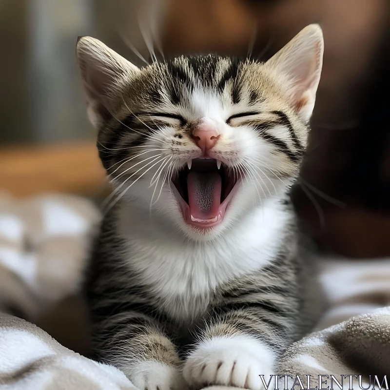 Cute Yawning Kitten on a Blanket AI Image