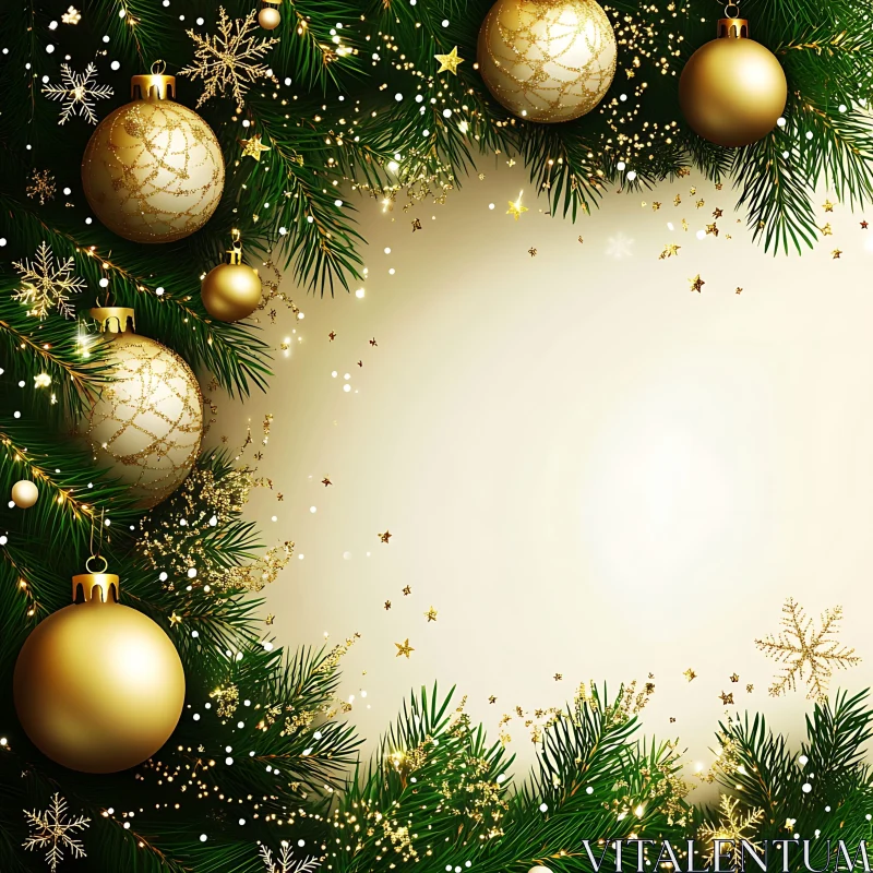 Golden Baubles and Pine Branches Frame AI Image