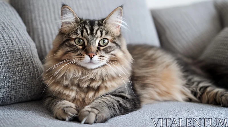 Relaxed Tabby Cat Resting on Gray Couch AI Image