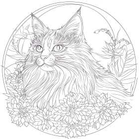 Detailed Line Drawing of a Cat with Flora