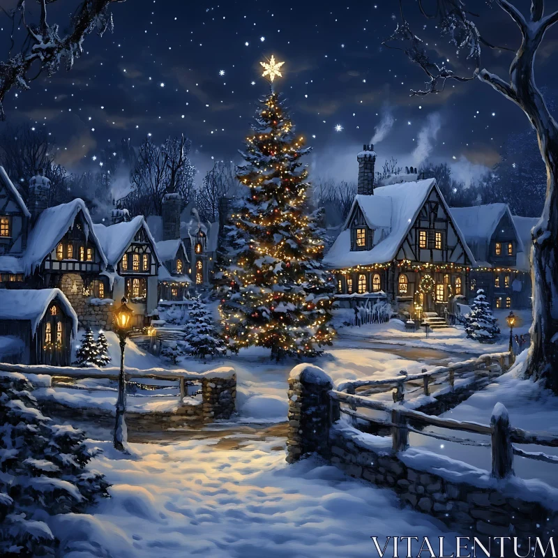 Enchanting Christmas Eve in a Snow-Covered Village AI Image