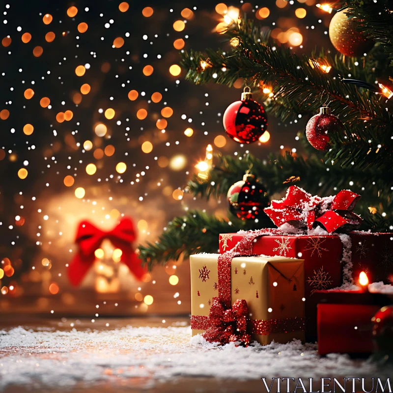 Festive Holiday Scene with Christmas Tree and Presents AI Image