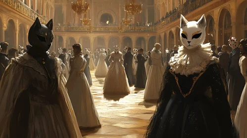 Mystical Cat Masquerade in a Grand Ballroom