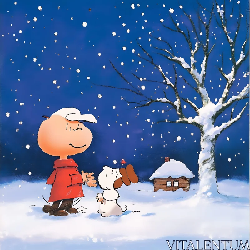 Winter Night Snowfall with Boy and Dog AI Image