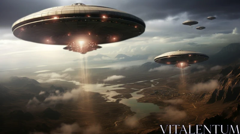 Alien Encounter: Flying Saucers Over Mountainous Landscape AI Image