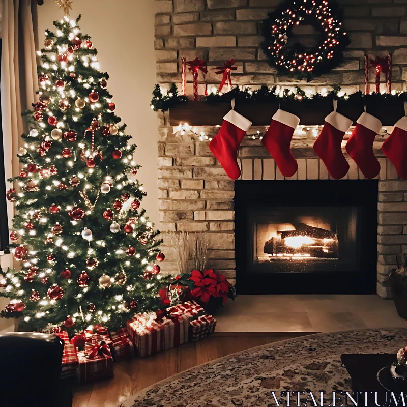 Holiday Decor with Tree, Fireplace, and Stockings AI Image