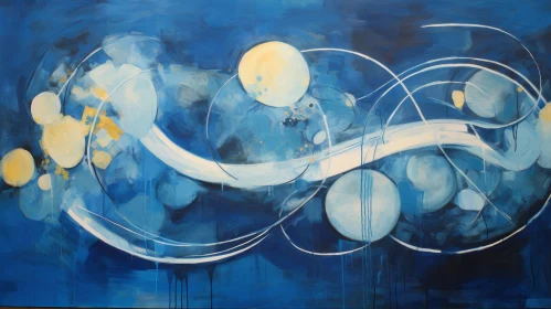 Blue and White Abstract Painting with Circles and Lines