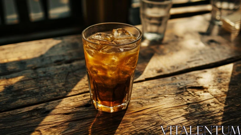 Captivating Still Life: Glass of Cola with Ice Cubes on Wooden Table AI Image