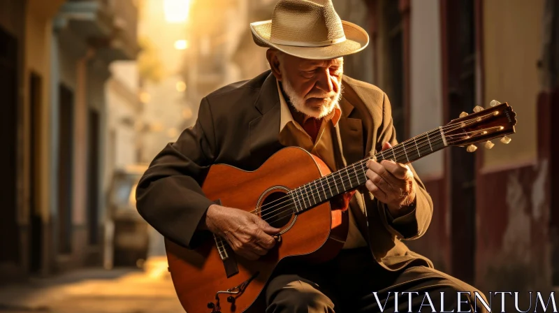 AI ART Captivating Street Scene: Elderly Man Playing Guitar