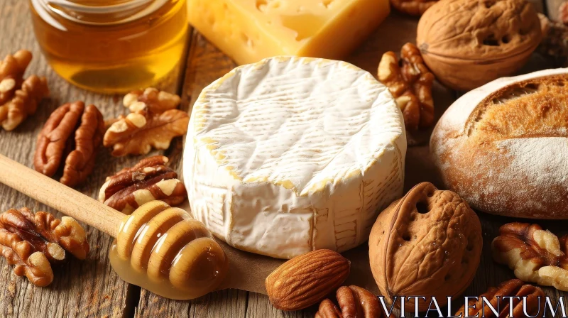 Close-up of Wooden Table with Brie Cheese and Food Items AI Image