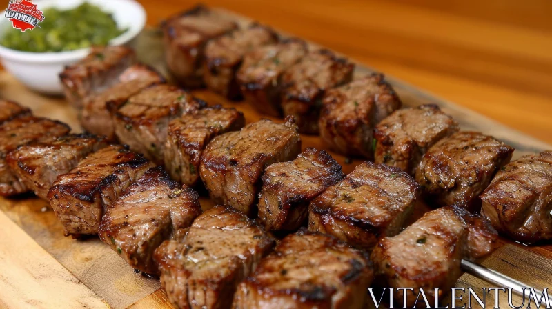 Delicious Grilled Beef Tenderloin with Green Sauce | Close-up Food Photography AI Image