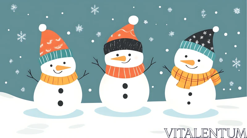 Festive Snowman Trio in Snowy Landscape AI Image