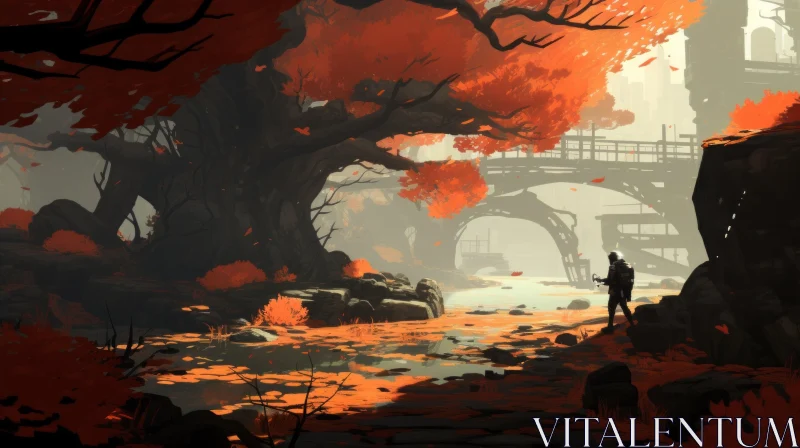 Enchanting Scene: Waterfall and Autumn Leaves in Spatial Concept Art Style AI Image