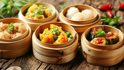 Exquisite Dim Sum Delights: A Visual Feast on a Wooden Table