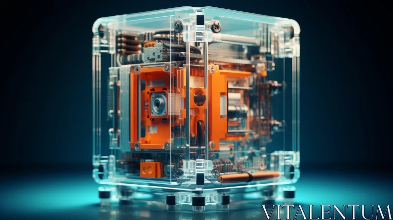 Intriguing 3D Rendering of Transparent Cube with Electronic Components AI Image