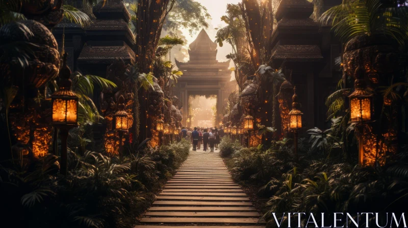 Mysterious Jungle Pathway: A Study in Light and Architecture AI Image