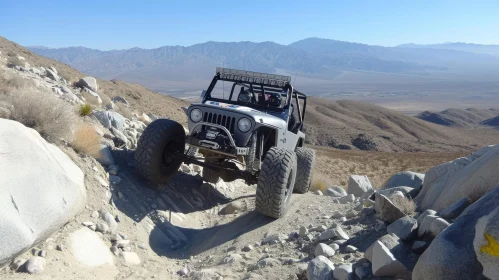 Off-road Adventure: Silver Jeep Wrangler Rock Crawling in Desert