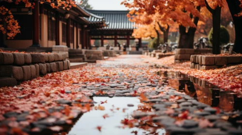 Serene Autumn Street with Pond: A Captivating Image of Dansaekhwa Art