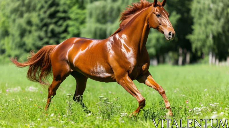 Stunning Bay Horse Running in a Lush Green Field AI Image