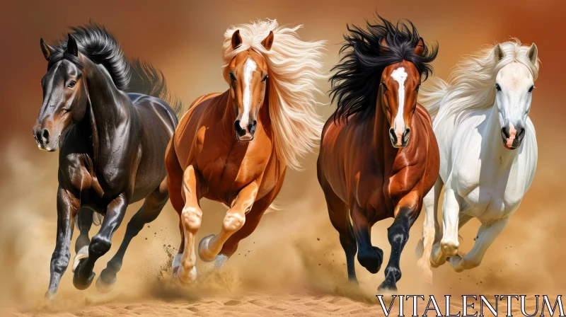 Stunning Image of Four Running Horses in a Desert Landscape AI Image