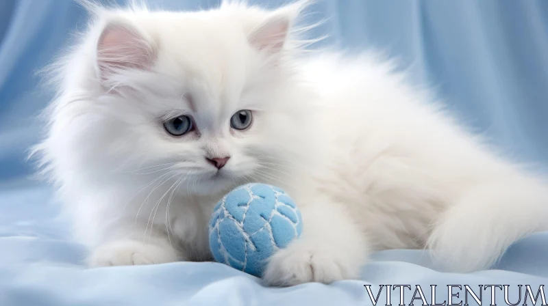White Kitten Playing with Blue Ball - Cozy Friendship Scene AI Image