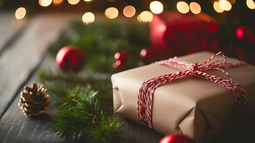 Festive Christmas Gift on Rustic Wooden Table