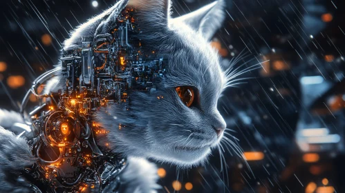 Cybernetic Cat Fusion in Rain