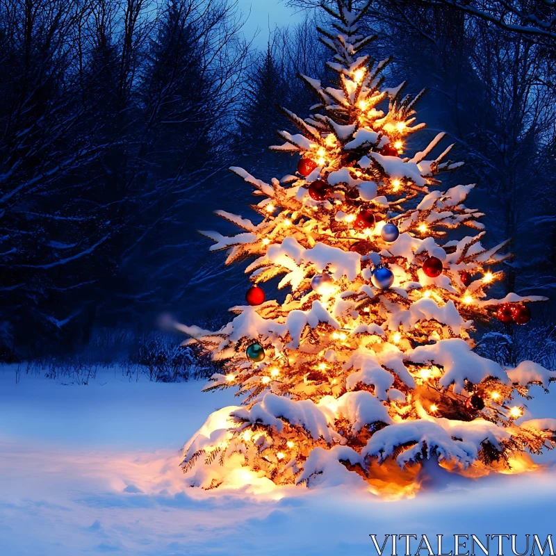 Beautifully Lit Christmas Tree in Snowy Landscape AI Image