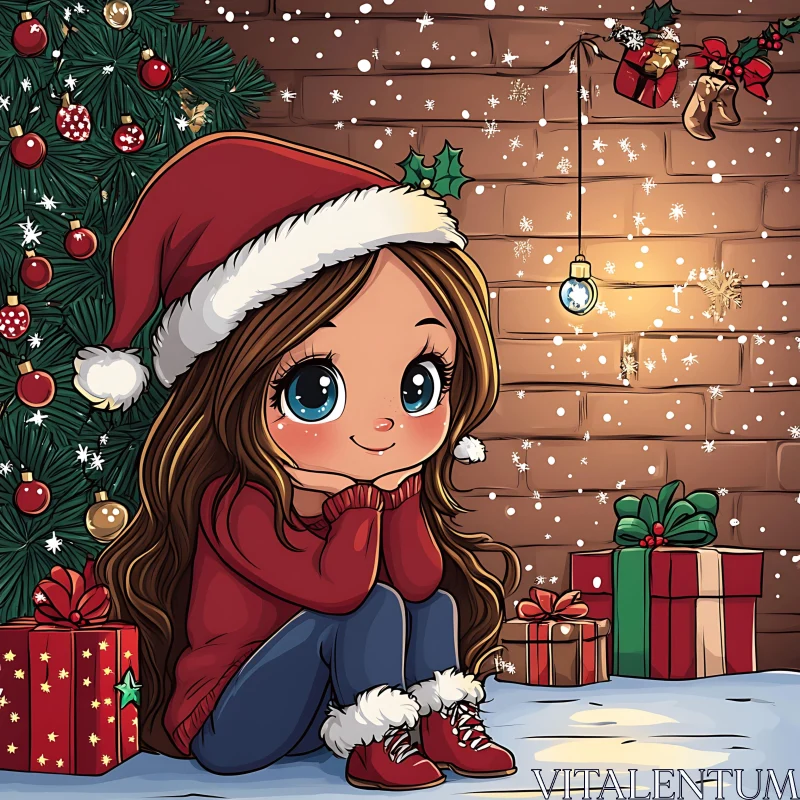 Festive Cartoon Girl in Santa Hat by Christmas Tree AI Image