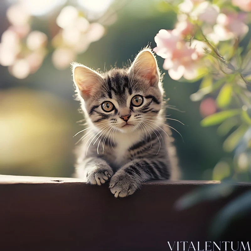 Cute Gray Tabby Kitten Amidst Flowers AI Image