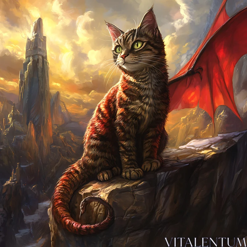 Majestic Winged Cat Overlooking Fiery Mountain Sunset AI Image