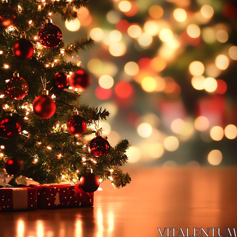 Festive Christmas Tree with Ornaments and Bokeh Lights AI Image