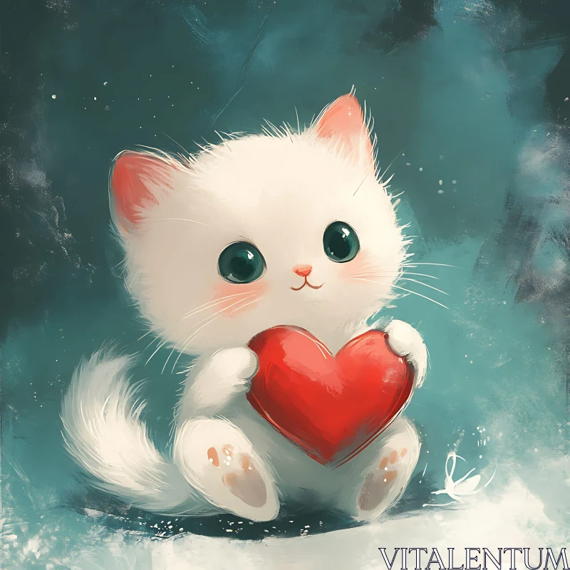 Cute White Kitten with Heart Artwork AI Image