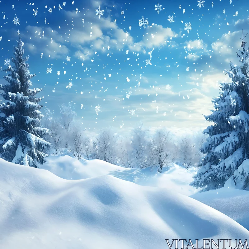 Serene Winter Wonderland with Snow-Covered Trees and Fluffy Snowflakes AI Image