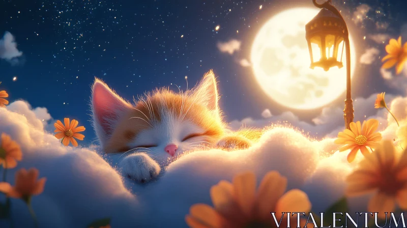 Serene Scene of a Kitten Sleeping in Moonlit Clouds AI Image