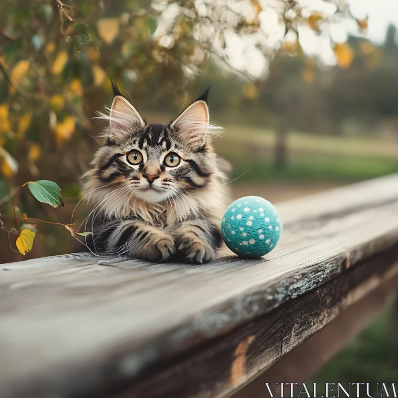 Cute Kitten Relaxing with a Toy Ball AI Image