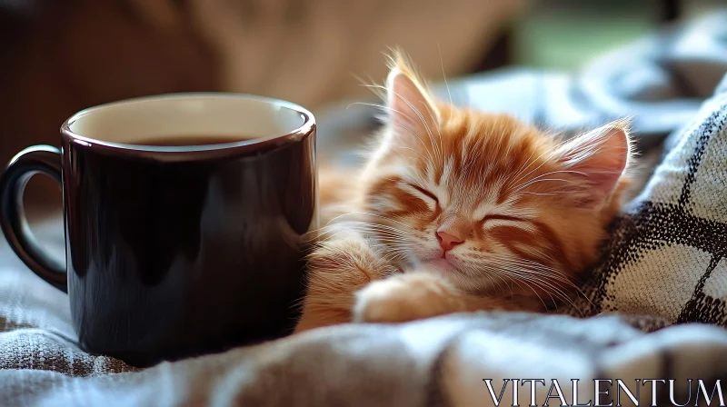 Cozy Moment with Sleeping Kitten and Coffee AI Image