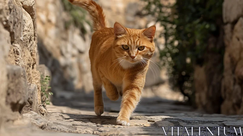 Ginger Cat On A Sunlit Cobblestone Path AI Image