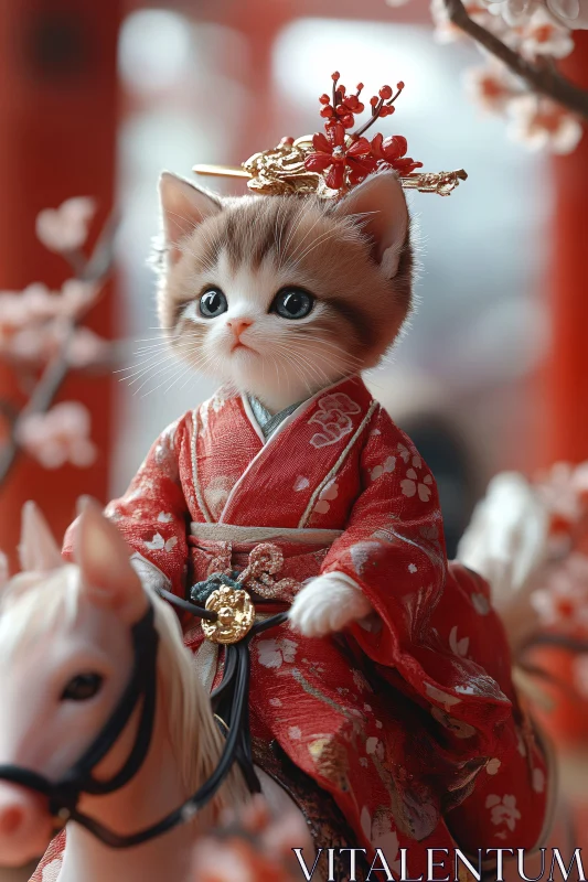 Cat in Traditional Kimono on Miniature Horse Surrounded by Blossoms AI Image