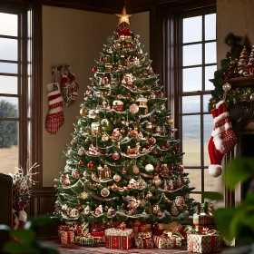 Festively Adorned Christmas Tree with Presents and Stockings