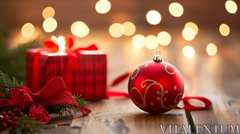 Holiday Red Ornament and Gift with Golden Bokeh AI Image